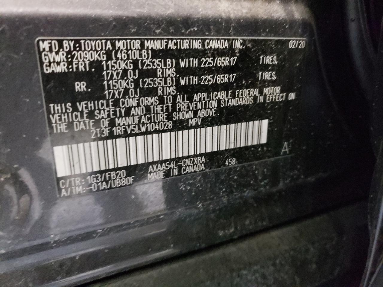Photo 10 from auction – 2020 TOYOTA RAV4 LE with VIN 2T3F1RFV5LW104028