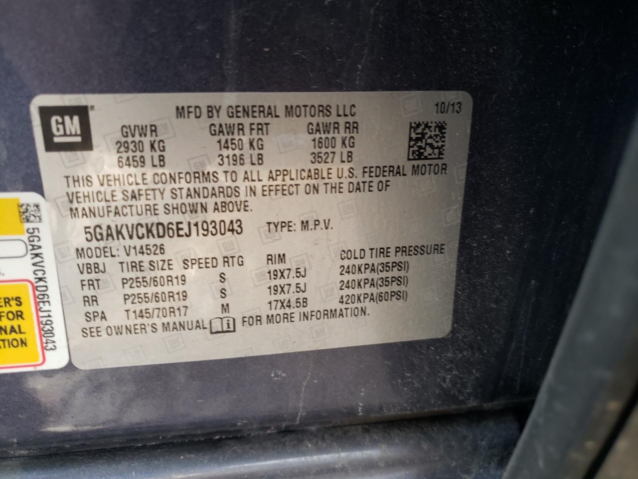 Photo 10 from auction – 2014 BUICK ENCLAVE with VIN 5GAKVCKD6EJ193043