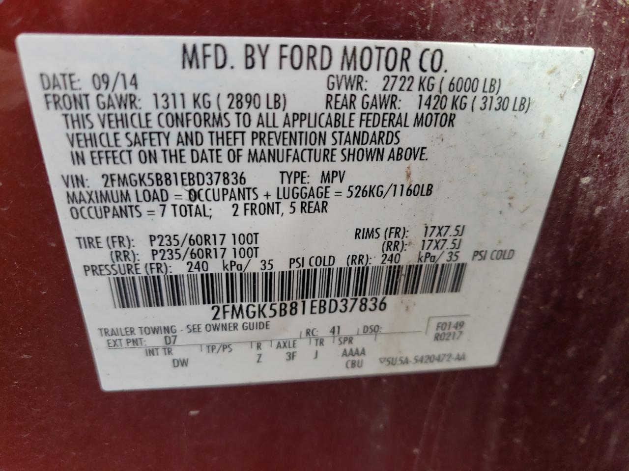 Photo 10 from auction – 2014 FORD FLEX SE with VIN 2FMGK5B81EBD37836