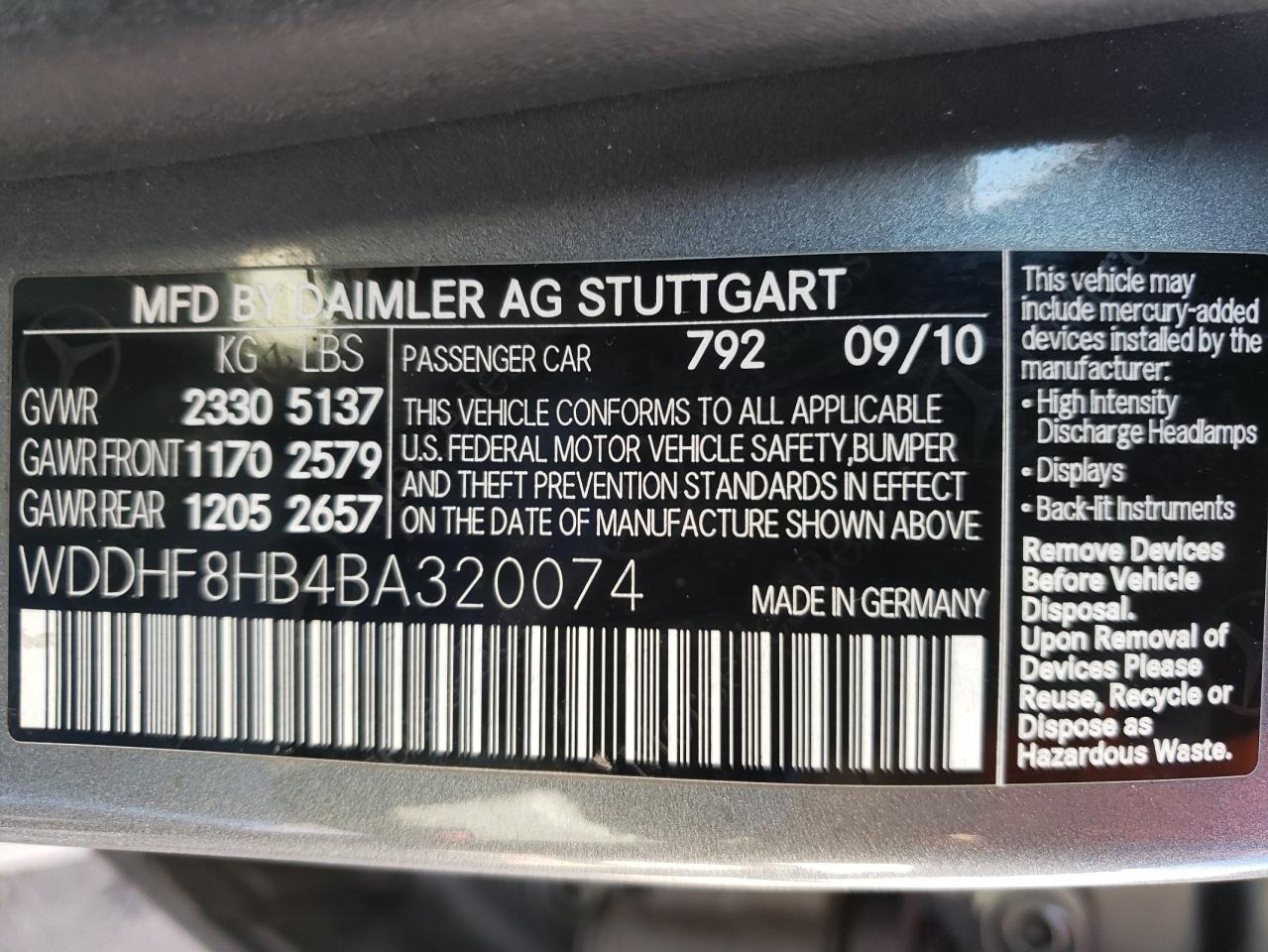 Photo 10 from auction – 2011 MERCEDES-BENZ E 350 4MAT with VIN WDDHF8HB4BA320074