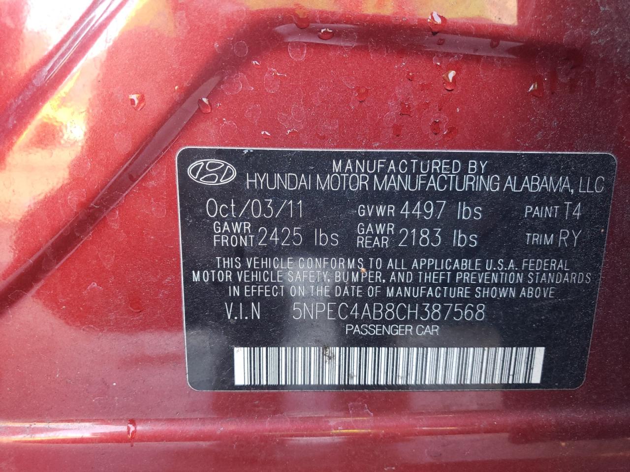 Photo 10 from auction – 2012 HYUNDAI SONATA SE with VIN 5NPEC4AB8CH387568