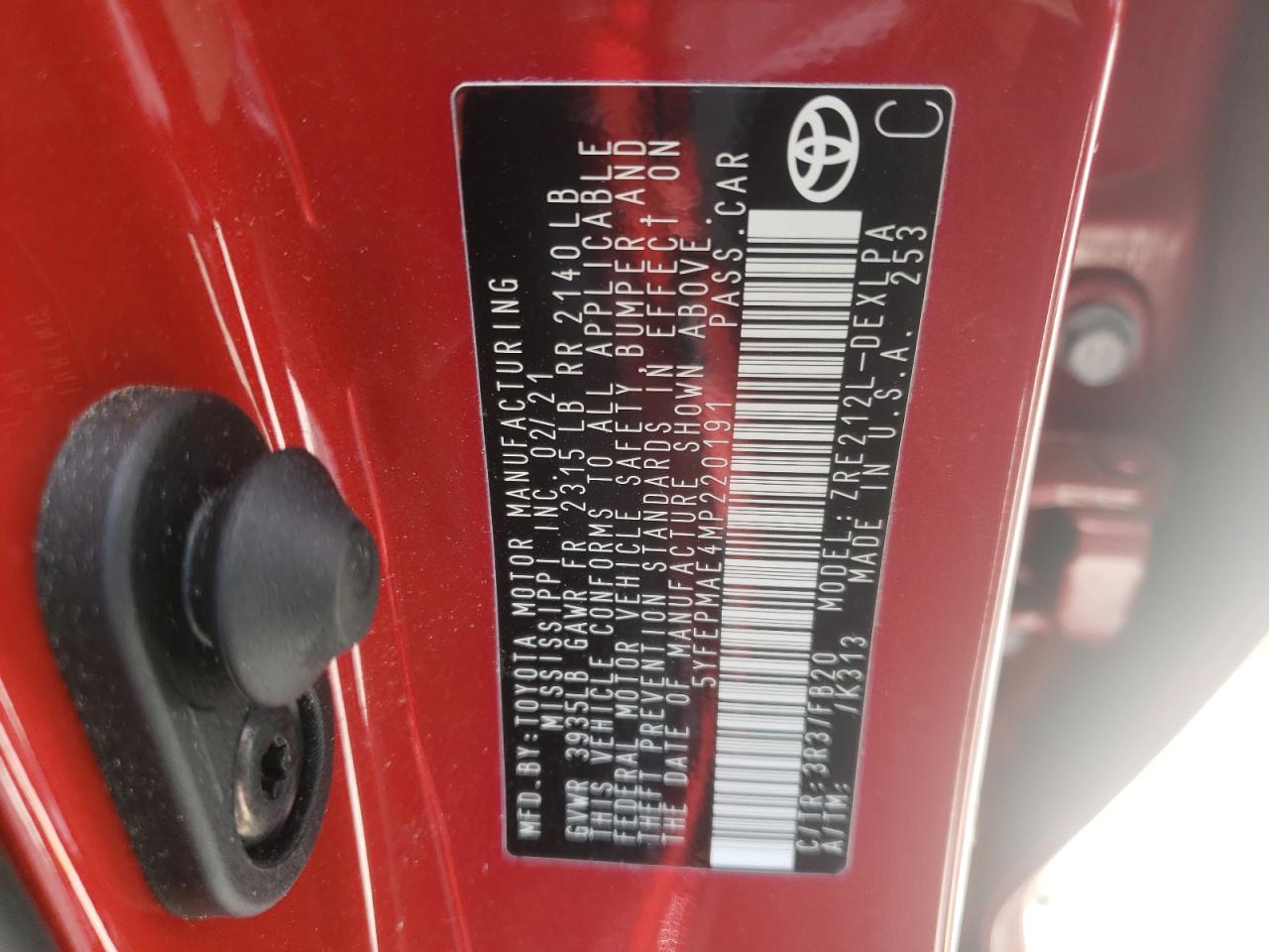 Photo 10 from auction – 2021 TOYOTA COROLLA LE with VIN 5YFEPMAE4MP220191