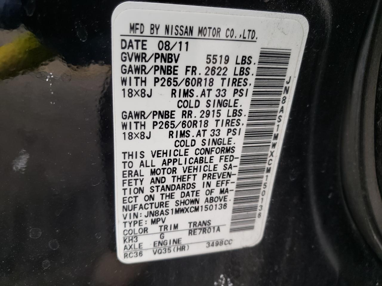 Photo 10 from auction – 2012 INFINITI FX35 with VIN JN8AS1MWXCM150136