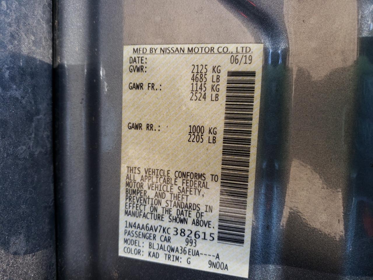Photo 10 from auction – 2019 NISSAN MAXIMA S with VIN 1N4AA6AV7KC382615