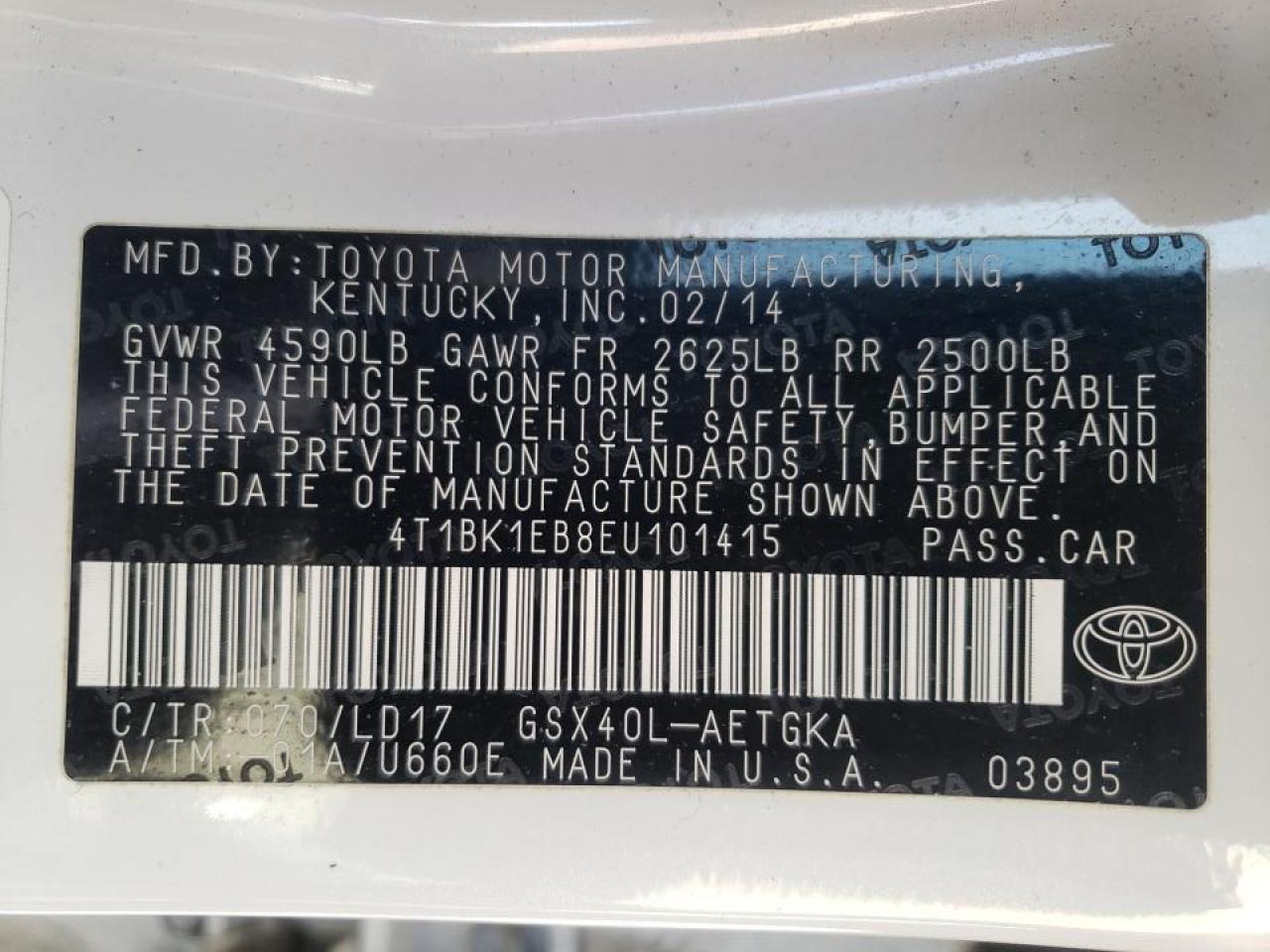 Photo 10 from auction – 2014 TOYOTA AVALON BAS with VIN 4T1BK1EB8EU101415