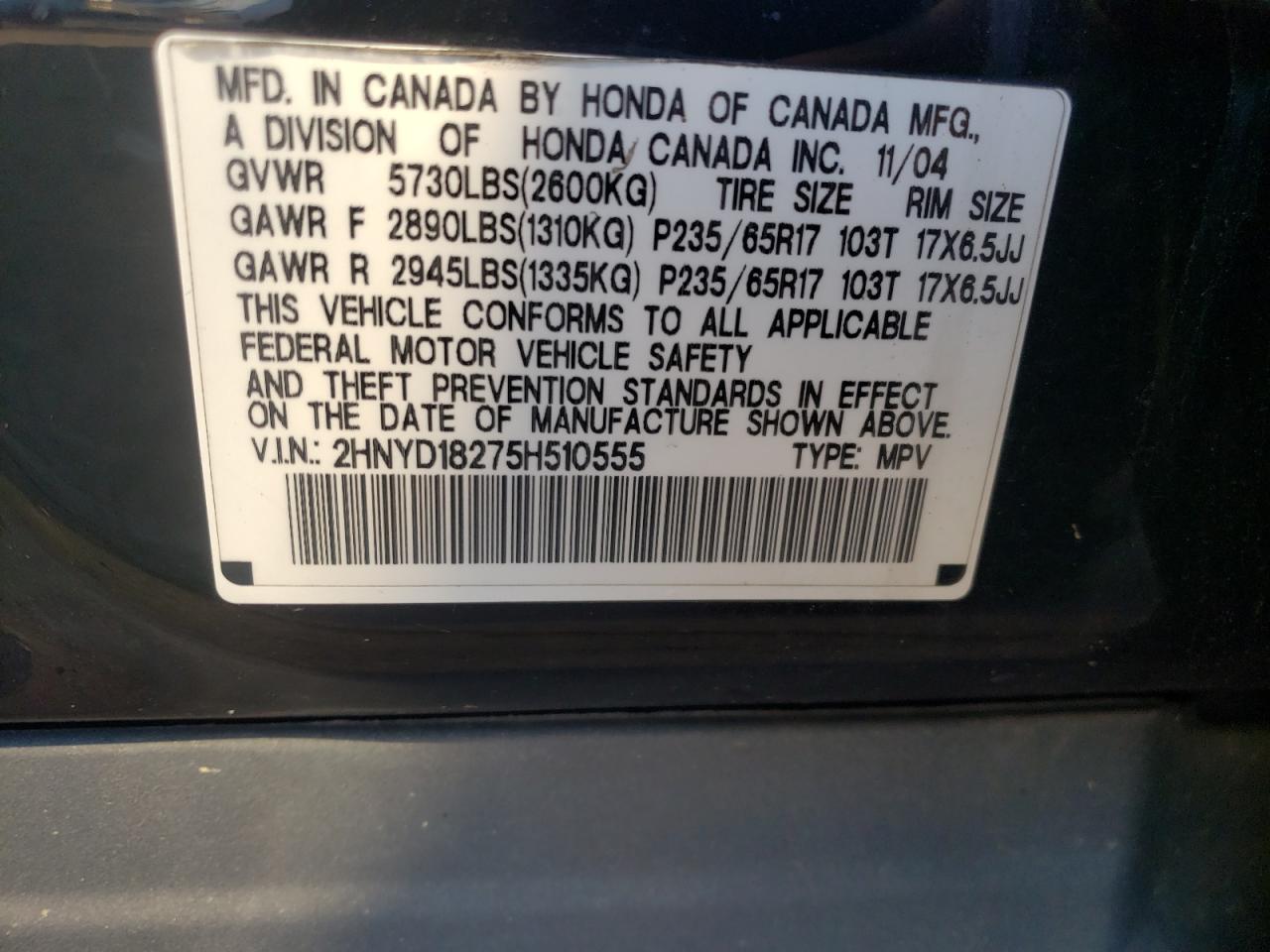 Photo 10 from auction – 2005 ACURA MDX with VIN 2HNYD18275H510555