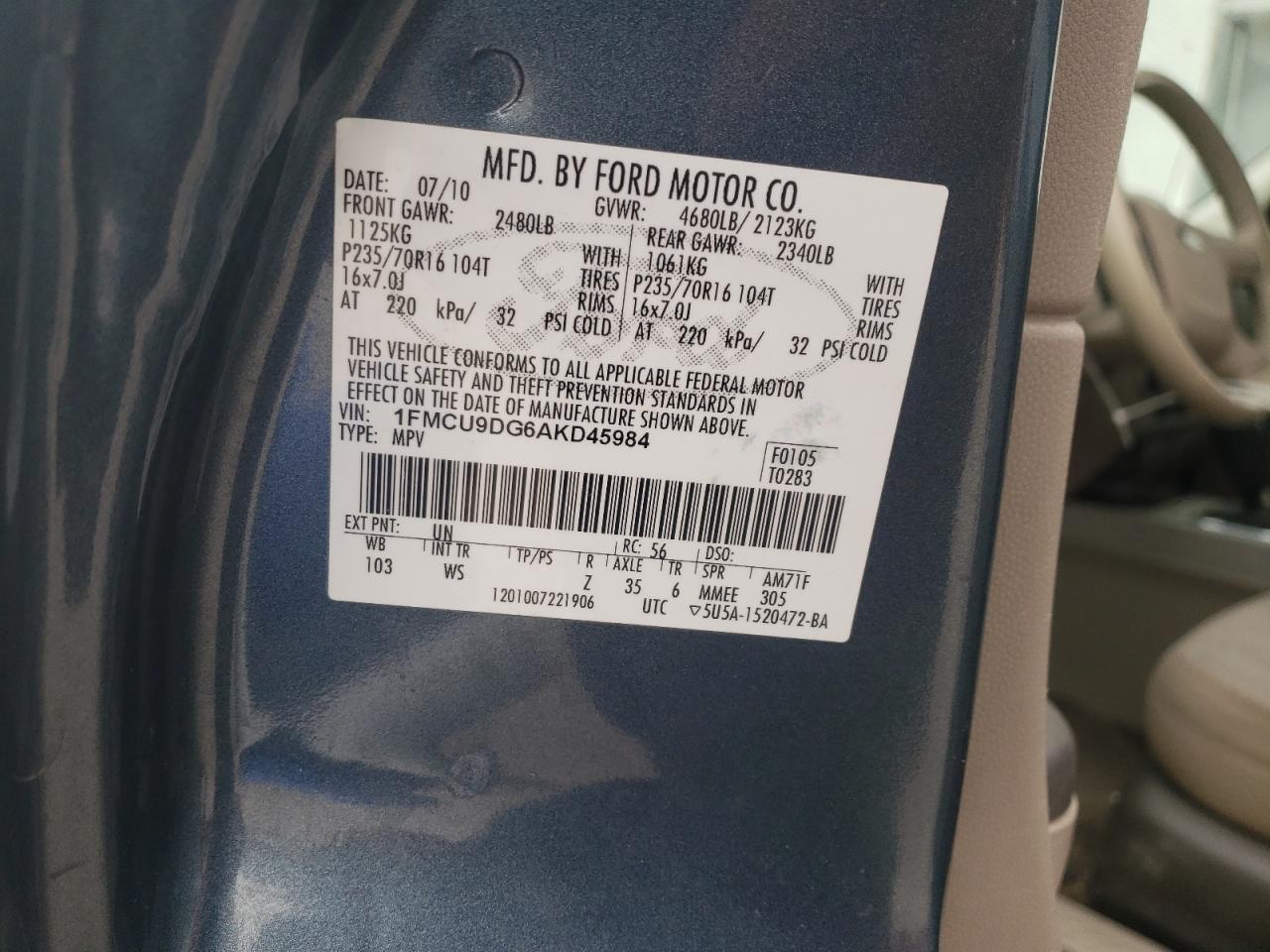 Photo 10 from auction – 2010 FORD ESCAPE XLT with VIN 1FMCU9DG6AKD45984