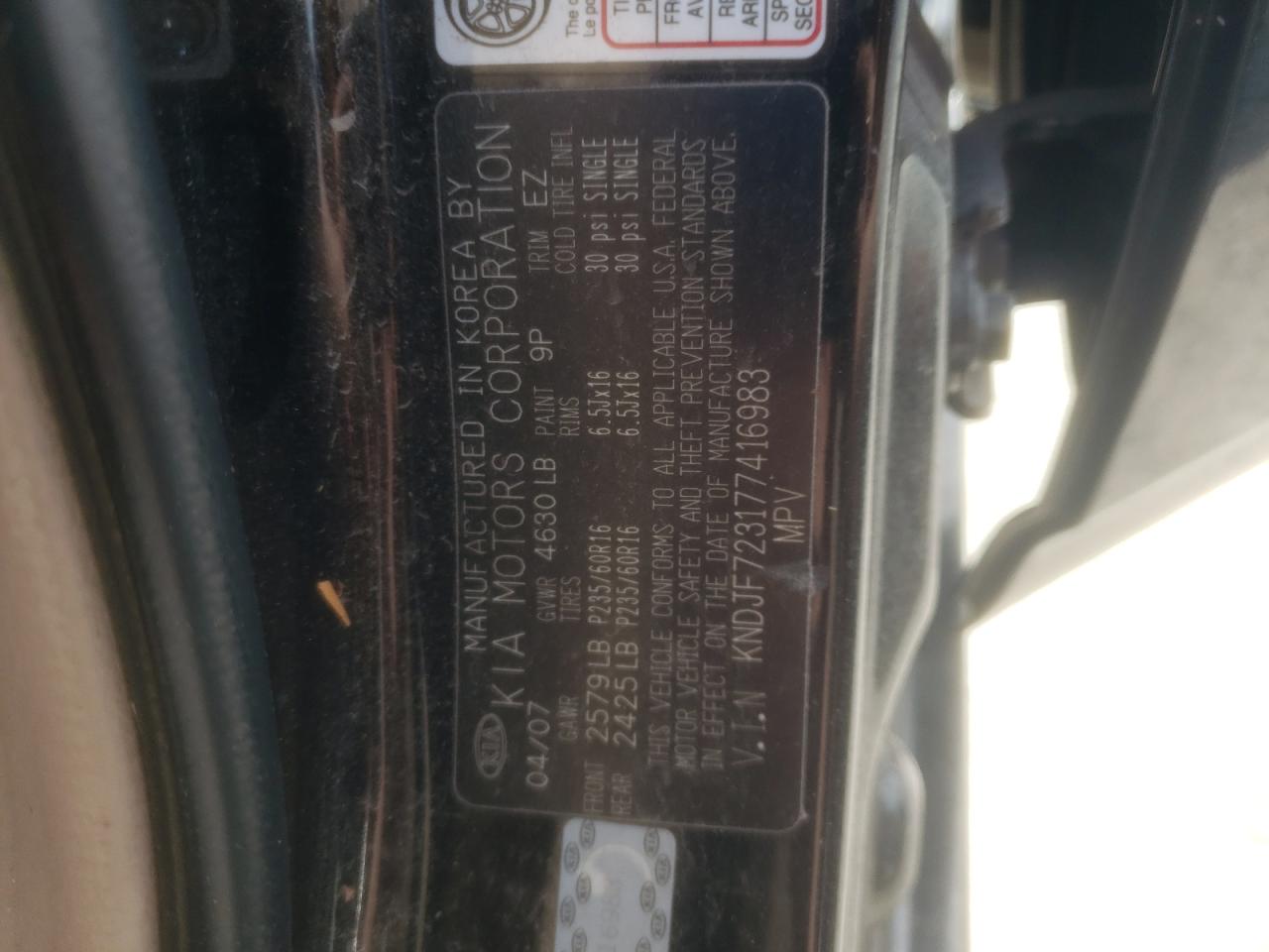 Photo 10 from auction – 2007 KIA SPORTAGE E with VIN KNDJF723177416983