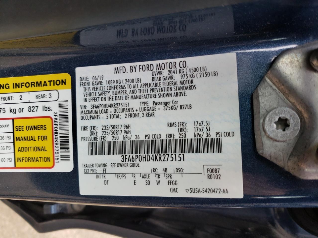 Photo 10 from auction – 2019 FORD FUSION SE with VIN 3FA6P0HD4KR275151