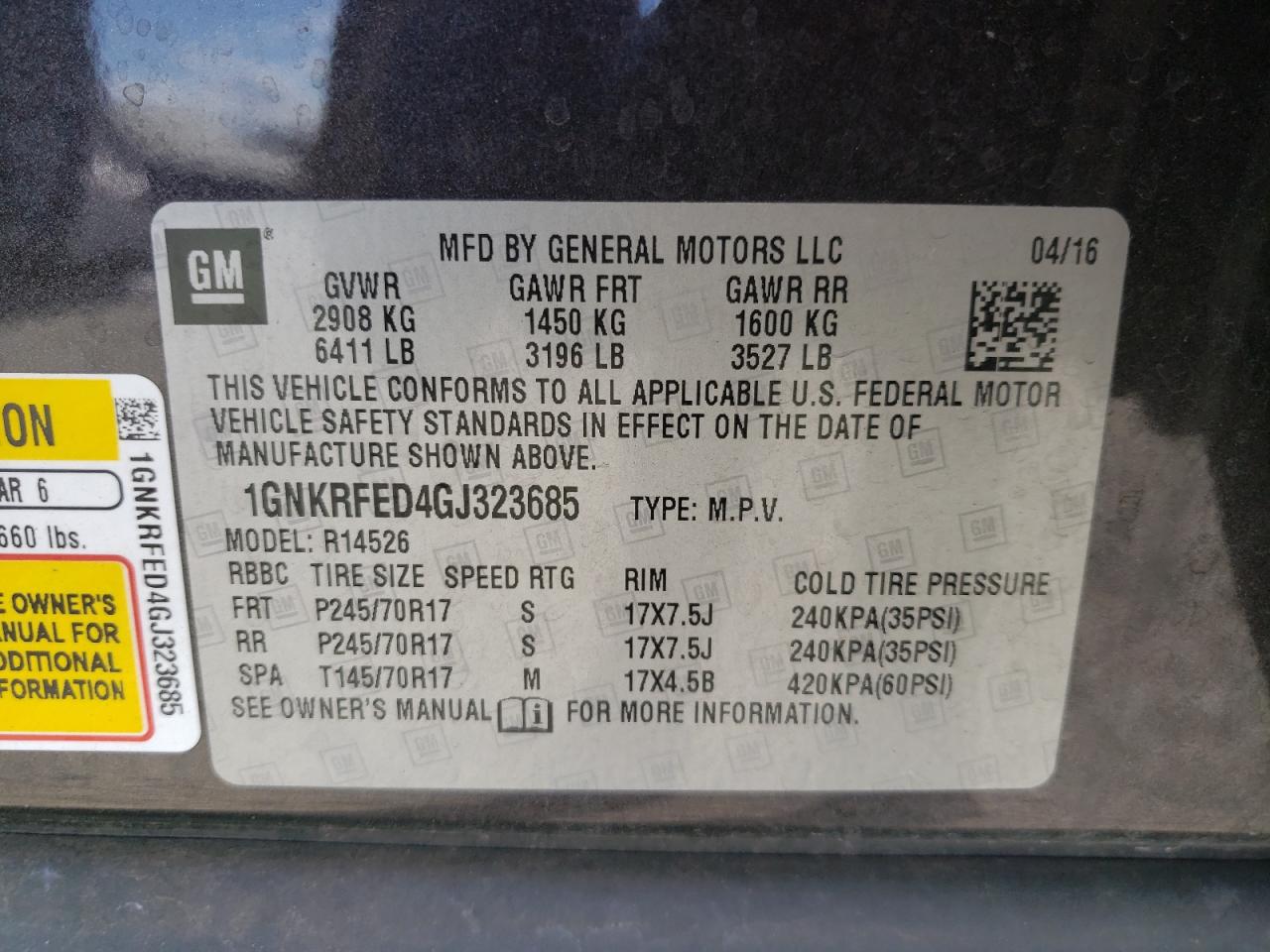 Photo 10 from auction – 2016 CHEVROLET TRAVERSE L with VIN 1GNKRFED4GJ323685