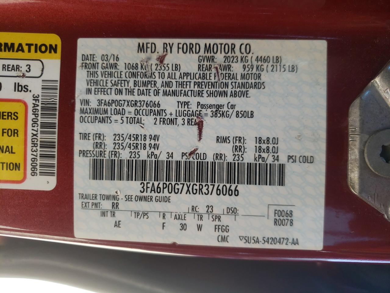 Photo 10 from auction – 2016 FORD FUSION S with VIN 3FA6P0G7XGR376066