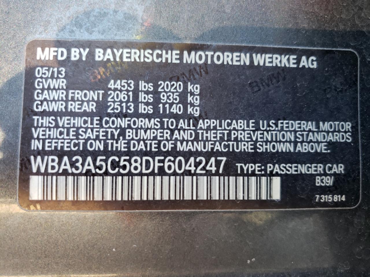 Photo 10 from auction – 2013 BMW 328 I with VIN WBA3A5C58DF604247