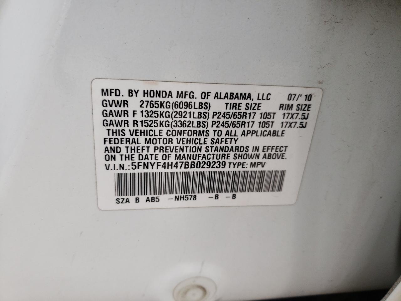 Photo 10 from auction – 2011 HONDA PILOT EX with VIN 5FNYF4H47BB029239