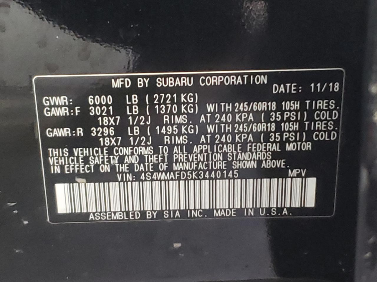 Photo 10 from auction – 2019 SUBARU ASCENT PRE with VIN 4S4WMAFD5K3440145