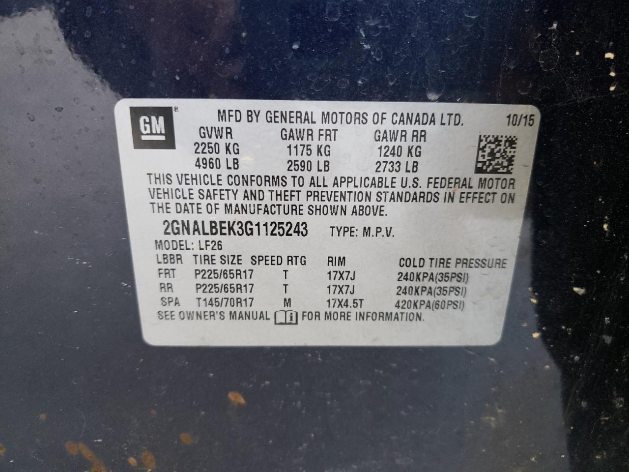Photo 10 from auction – 2016 CHEVROLET EQUINOX LS with VIN 2GNALBEK3G1125243