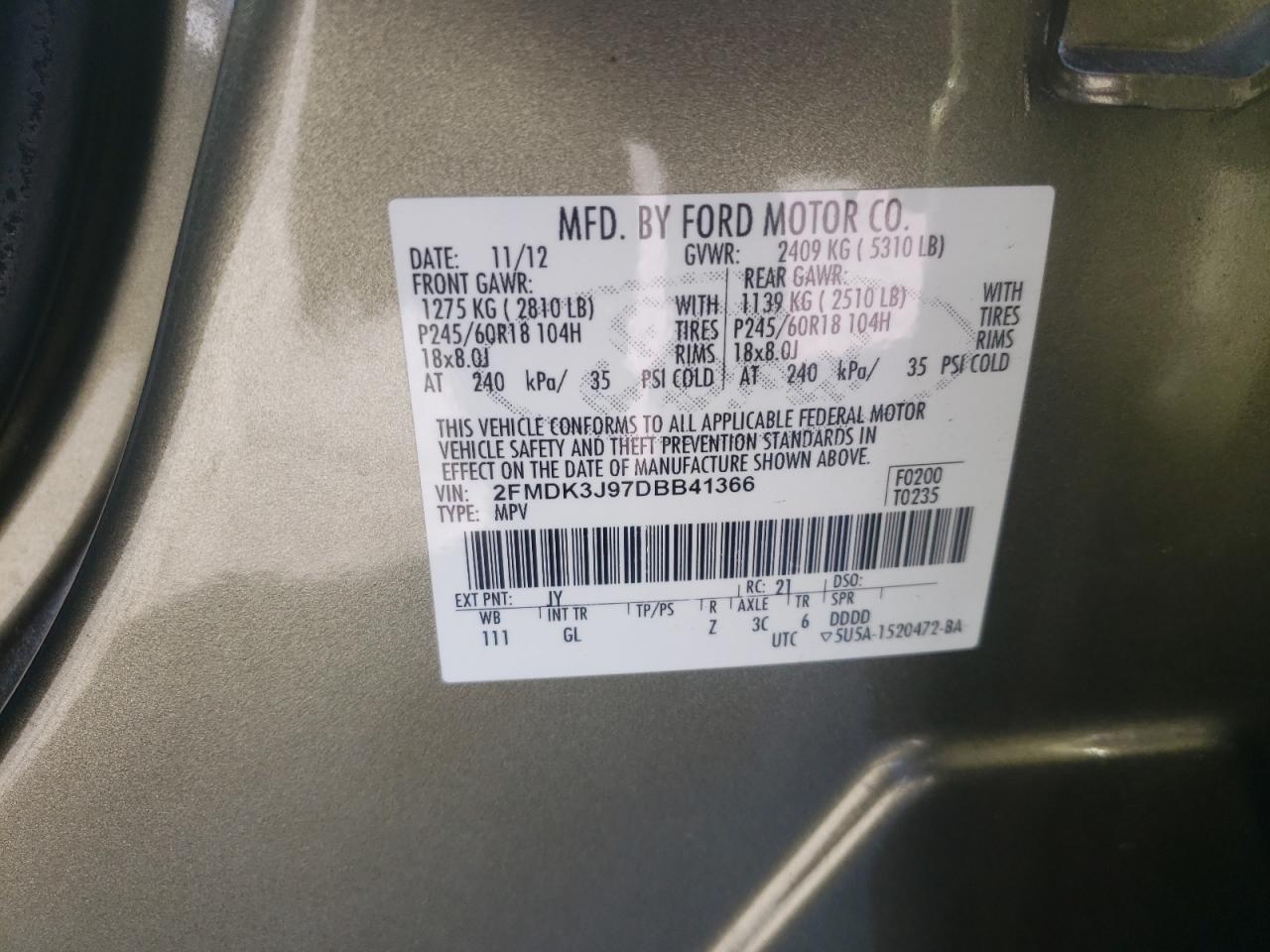 Photo 10 from auction – 2013 FORD EDGE SEL with VIN 2FMDK3J97DBB41366