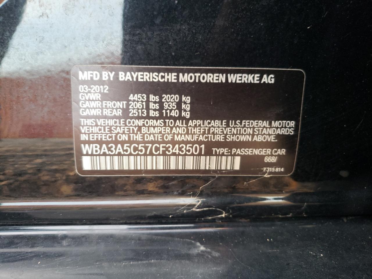Photo 10 from auction – 2012 BMW 328 I with VIN WBA3A5C57CF343501
