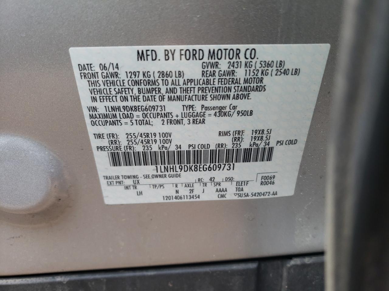 Photo 10 from auction – 2014 LINCOLN MKS with VIN 1LNHL9DK8EG609731