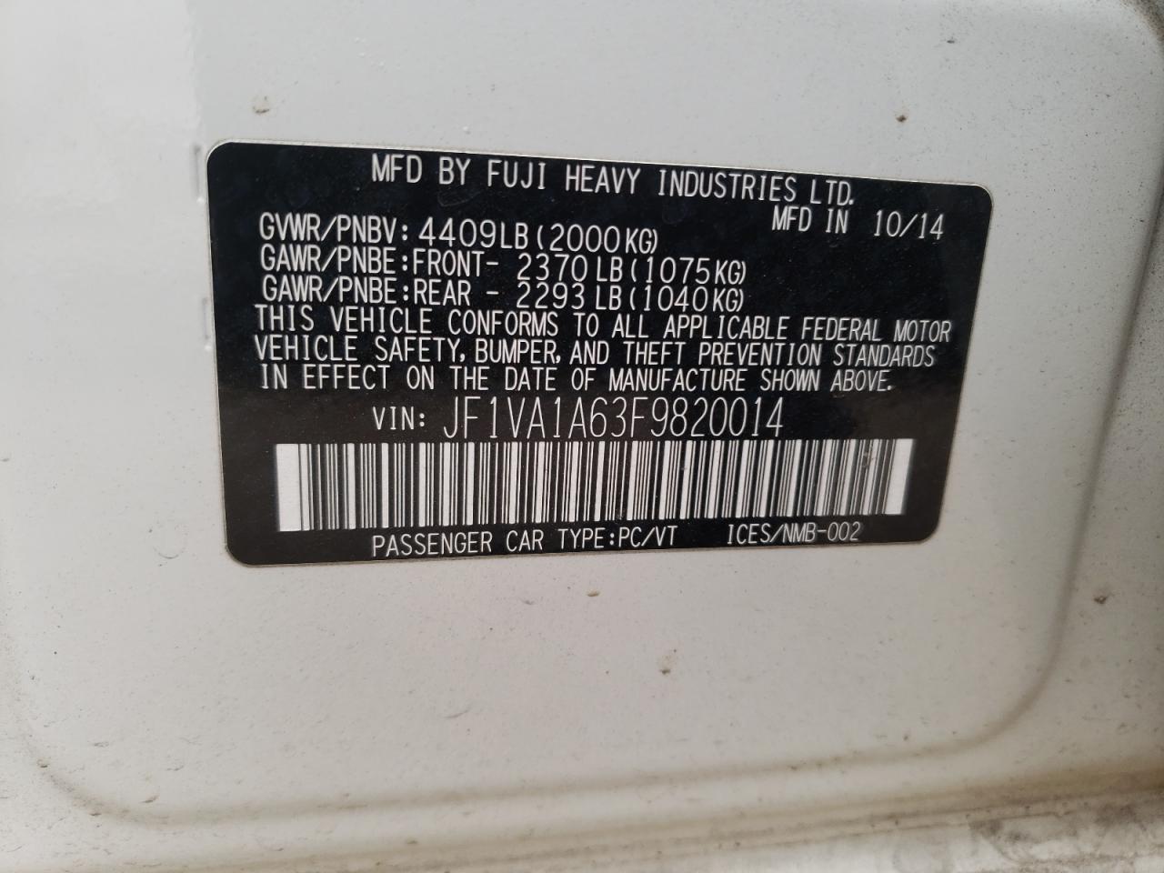 Photo 10 from auction – 2015 SUBARU WRX with VIN JF1VA1A63F9820014