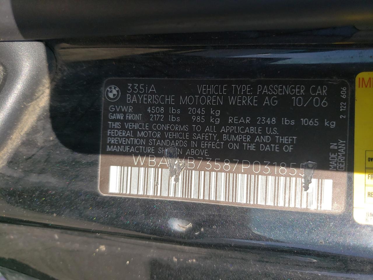 Photo 10 from auction – 2007 BMW 335 I with VIN WBAWB73587P031855