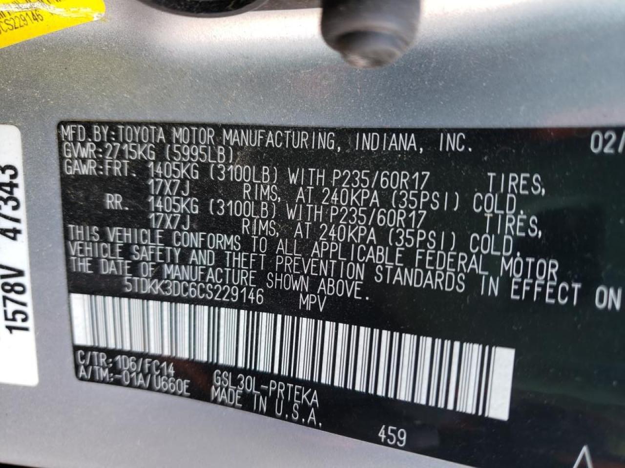 Photo 10 from auction – 2012 TOYOTA SIENNA LE with VIN 5TDKK3DC6CS229146