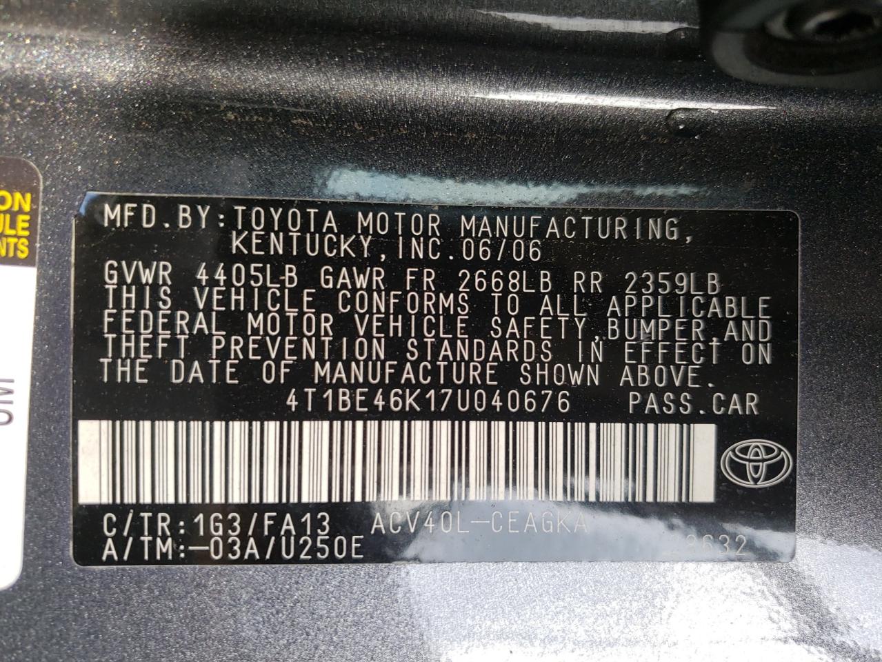 Photo 10 from auction – 2007 TOYOTA CAMRY CE with VIN 4T1BE46K17U040676