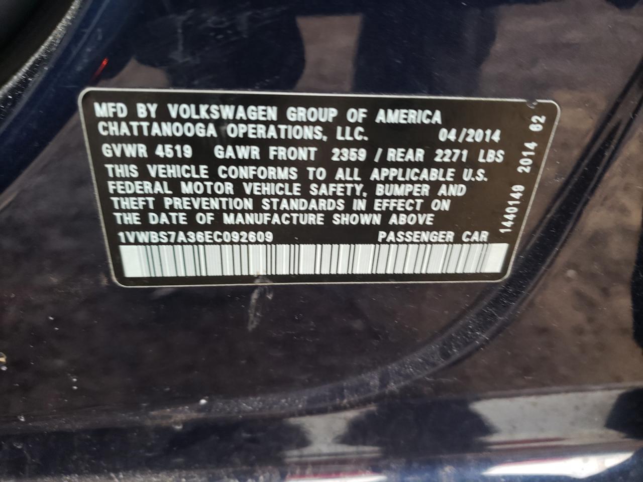 Photo 10 from auction – 2014 VOLKSWAGEN PASSAT SE with VIN 1VWBS7A36EC092609