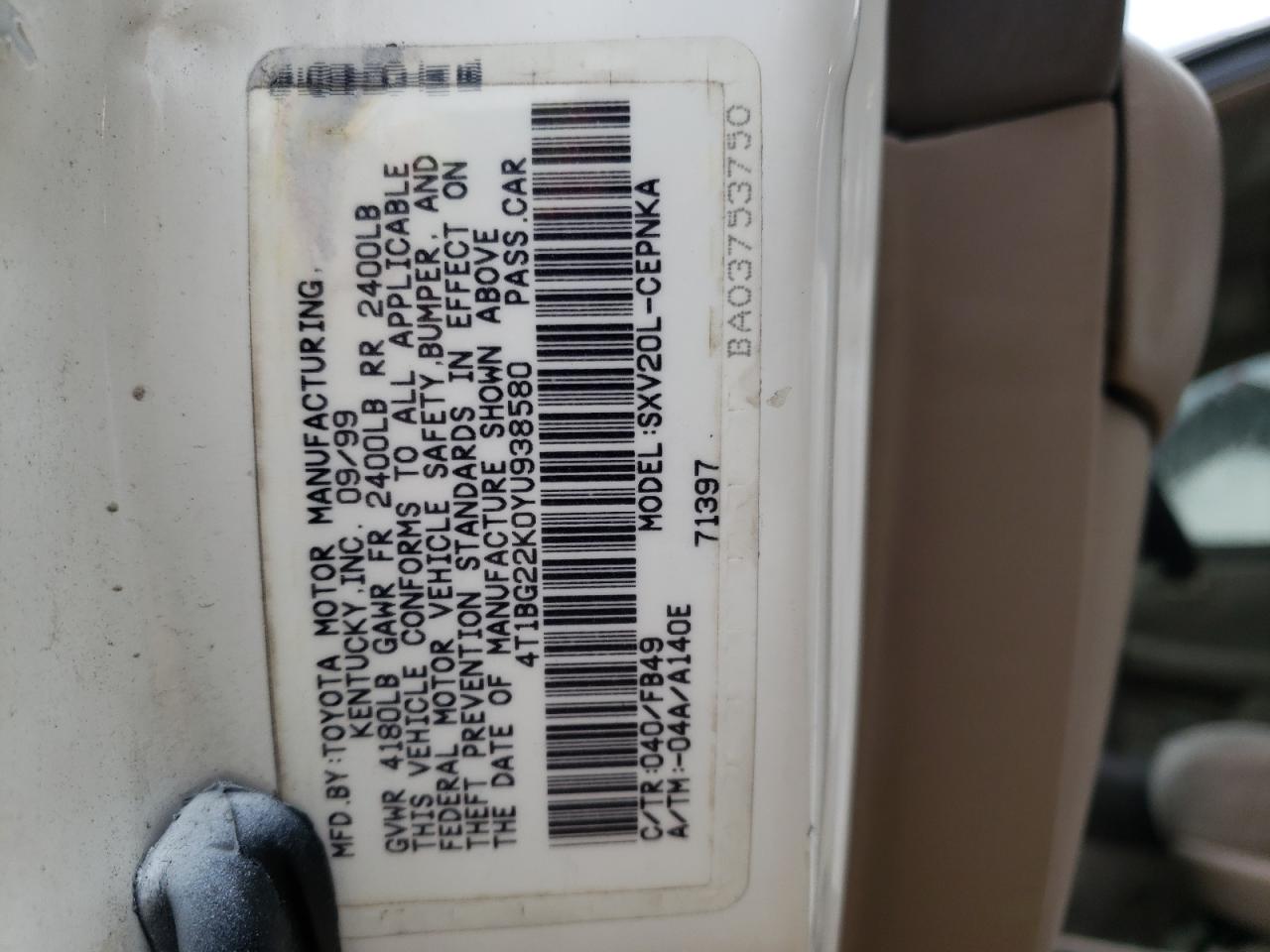 Photo 10 from auction – 2000 TOYOTA CAMRY CE with VIN 4T1BG22K0YU938580