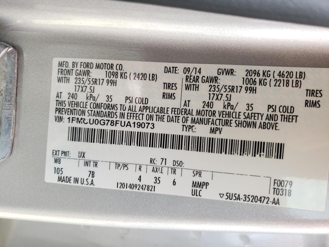 Photo 10 from auction – 2015 FORD ESCAPE SE with VIN 1FMCU0G78FUA19073
