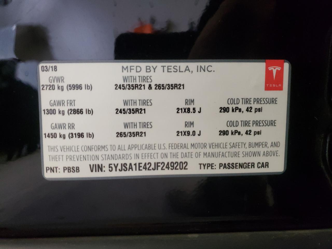 Photo 10 from auction – 2018 TESLA MODEL S with VIN 5YJSA1E42JF249202
