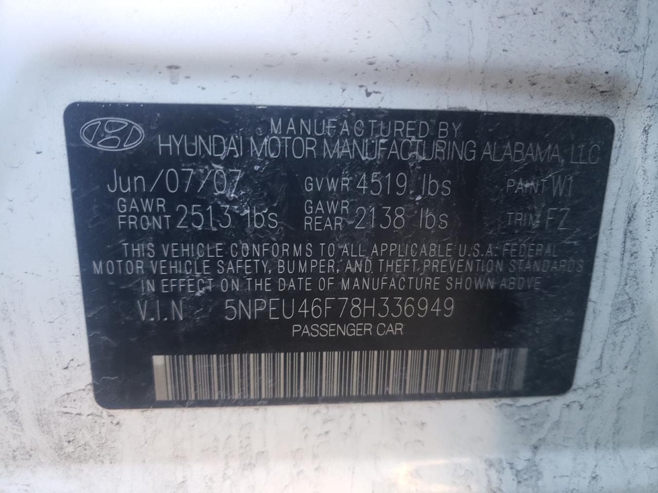 Photo 10 from auction – 2008 HYUNDAI SONATA SE with VIN 5NPEU46F78H336949