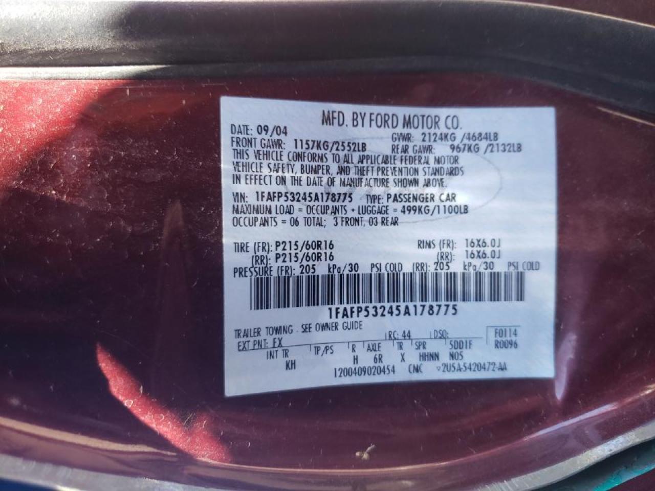 Photo 10 from auction – 2005 FORD TAURUS SE with VIN 1FAFP53245A178775