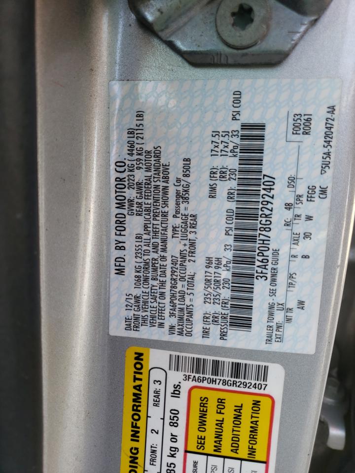 Photo 10 from auction – 2016 FORD FUSION SE with VIN 3FA6P0H78GR292407
