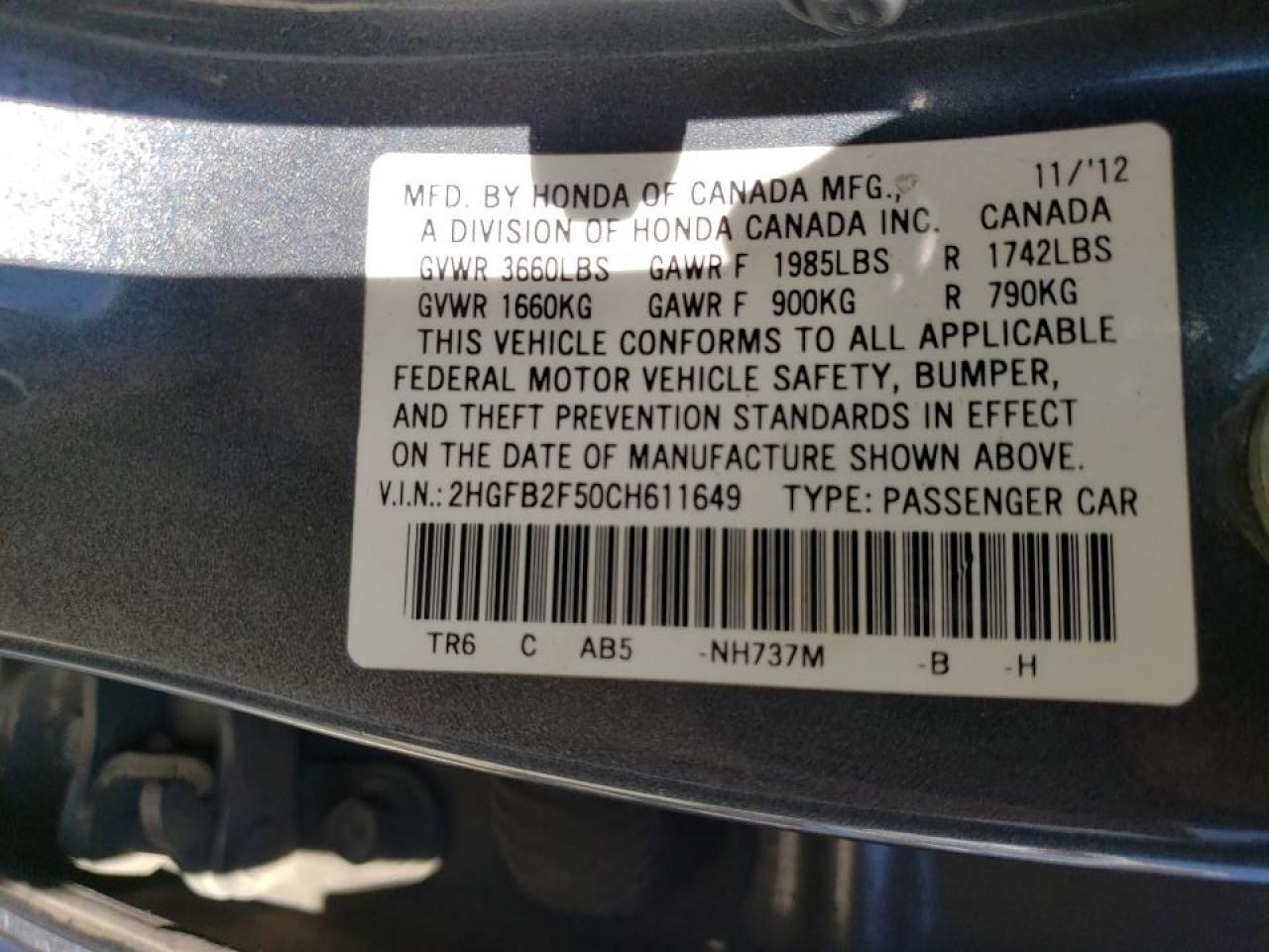 Photo 10 from auction – 2012 HONDA CIVIC LX with VIN 2HGFB2F50CH611649