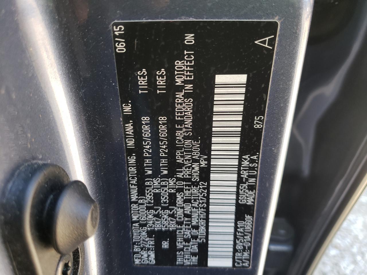 Photo 10 from auction – 2015 TOYOTA HIGHLANDER with VIN 5TDBKRFH7FS175212