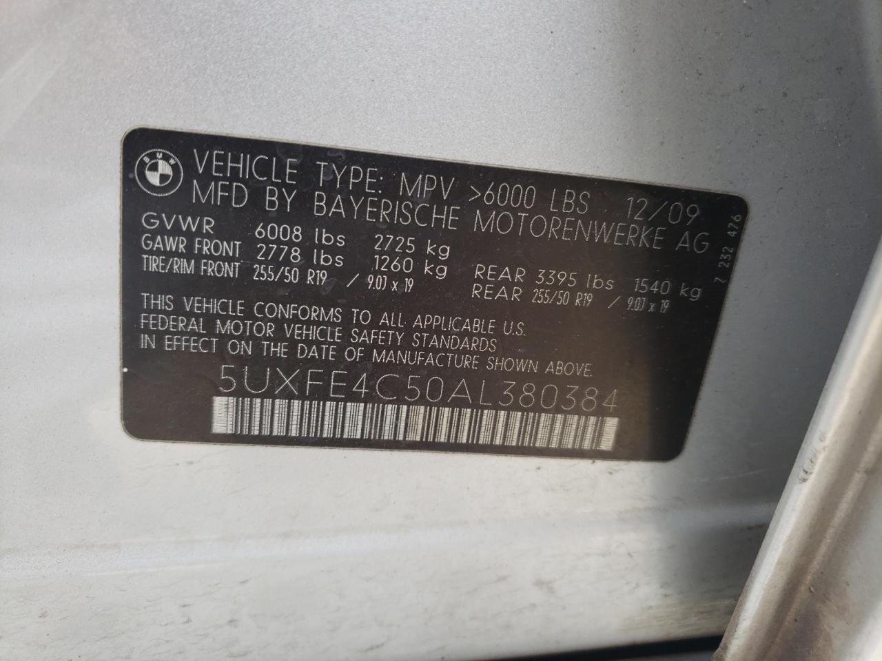 Photo 10 from auction – 2010 BMW X5 XDRIVE3 with VIN 5UXFE4C50AL380384