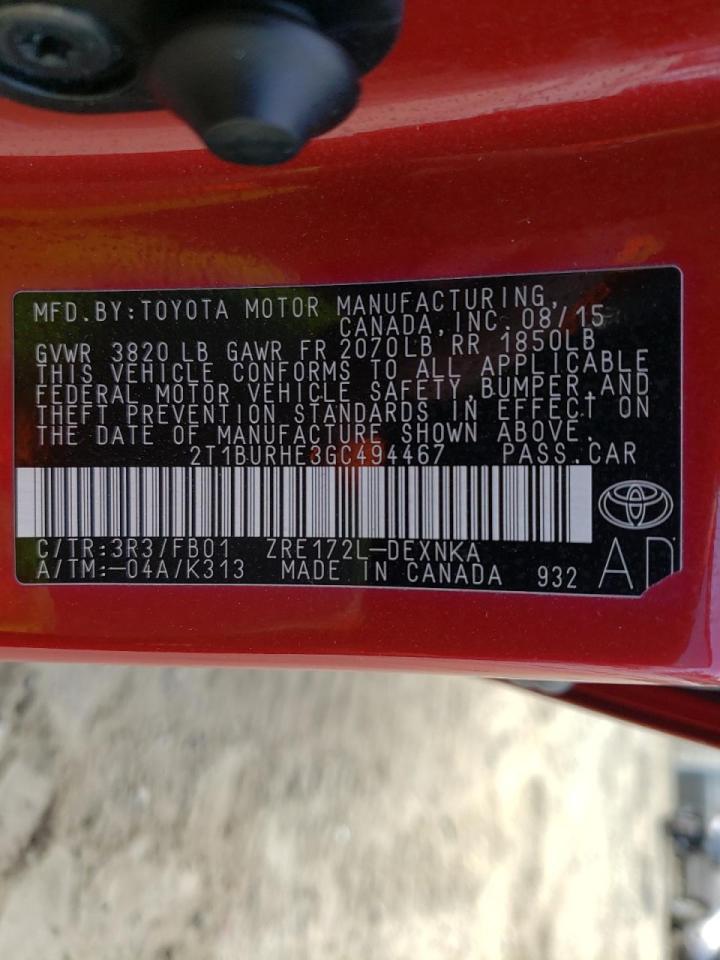 Photo 10 from auction – 2016 TOYOTA COROLLA with VIN 2T1BURHE3GC494467