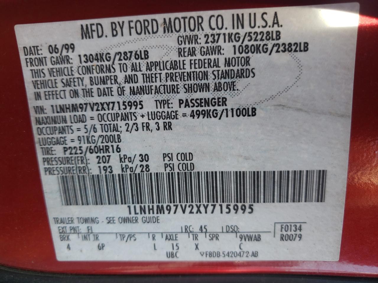 Photo 10 from auction – 1999 LINCOLN CONTINENTA with VIN 1LNHM97V2XY715995