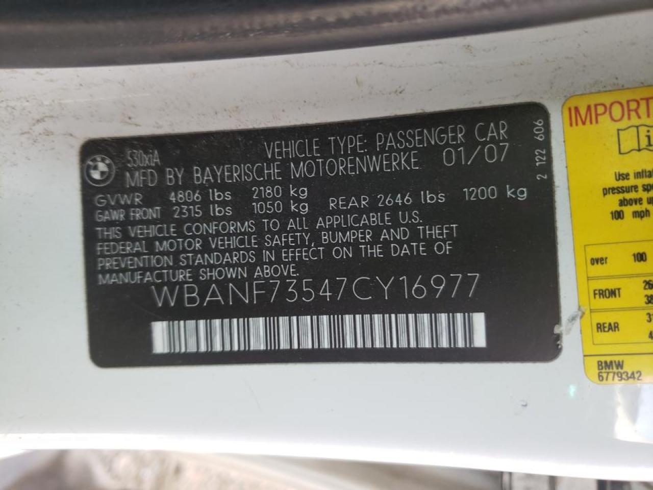 Photo 10 from auction – 2007 BMW 530 XI with VIN WBANF73547CY16977