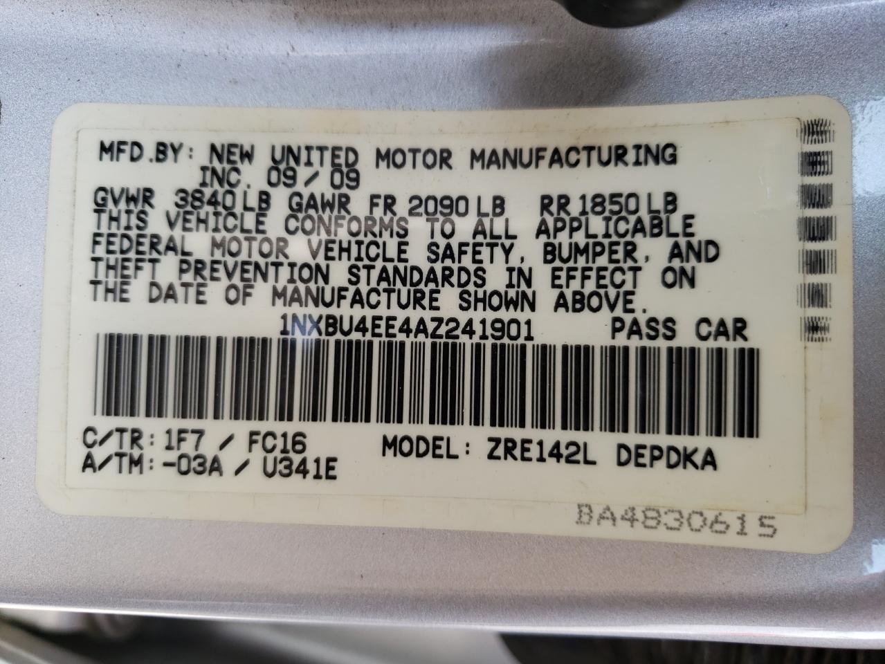 Photo 10 from auction – 2010 TOYOTA COROLLA BA with VIN 1NXBU4EE4AZ241901