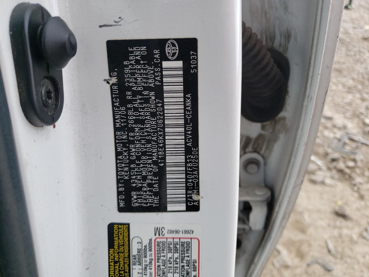 Photo 10 from auction – 2007 TOYOTA CAMRY CE with VIN 4T1BE46KX7U622047