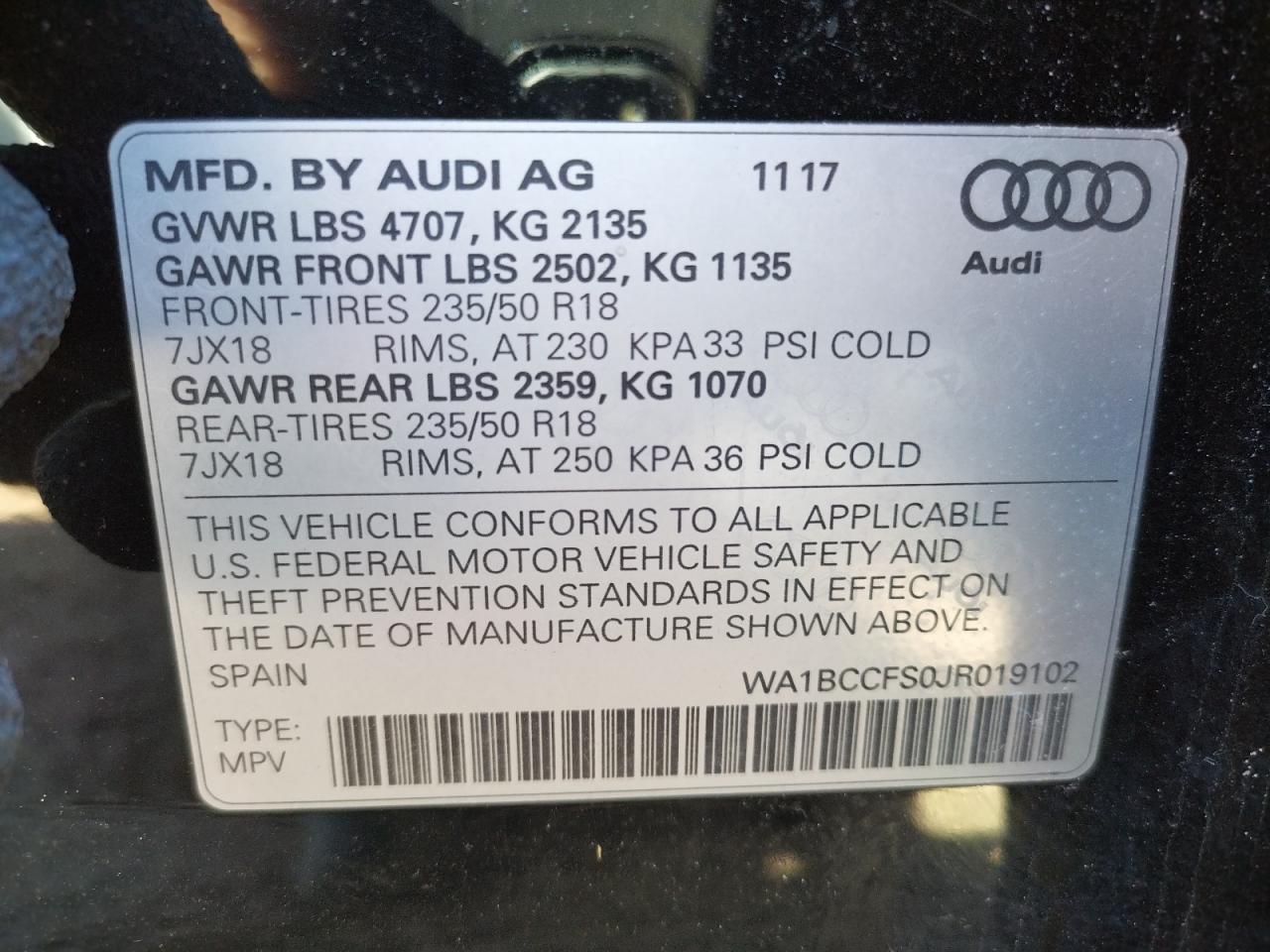 Photo 10 from auction – 2018 AUDI Q3 PREMIUM with VIN WA1BCCFS0JR019102