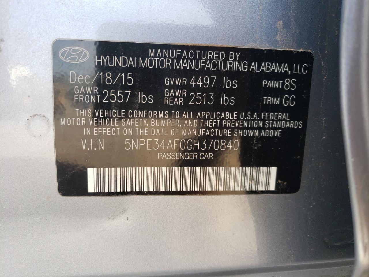 Photo 10 from auction – 2016 HYUNDAI SONATA SPO with VIN 5NPE34AF0GH370840