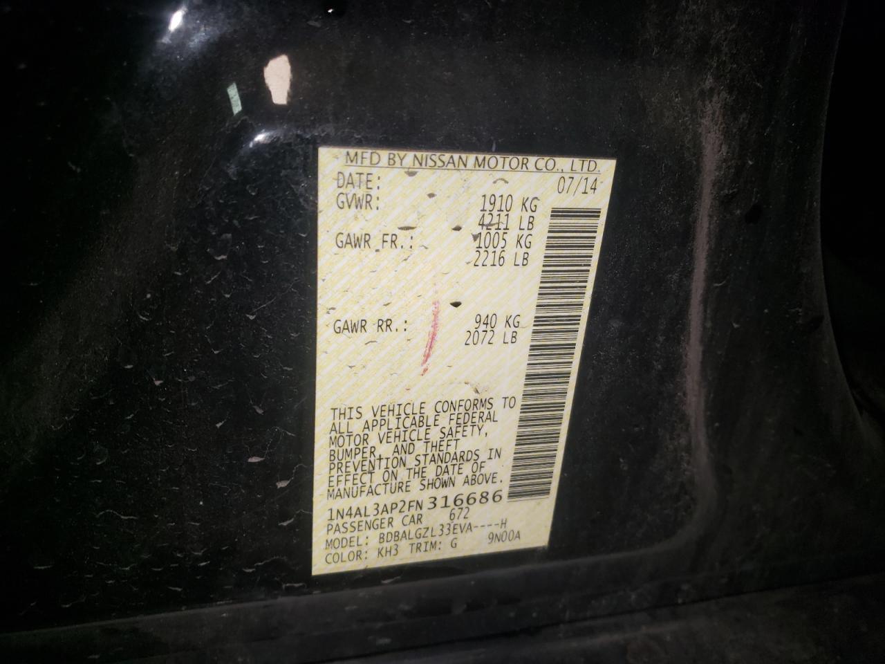 Photo 10 from auction – 2015 NISSAN ALTIMA 2.5 with VIN 1N4AL3AP2FN316686