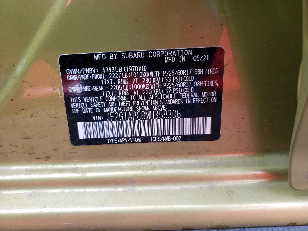 Photo 10 from auction – 2021 SUBARU CROSSTREK with VIN JF2GTAPC8MH358306