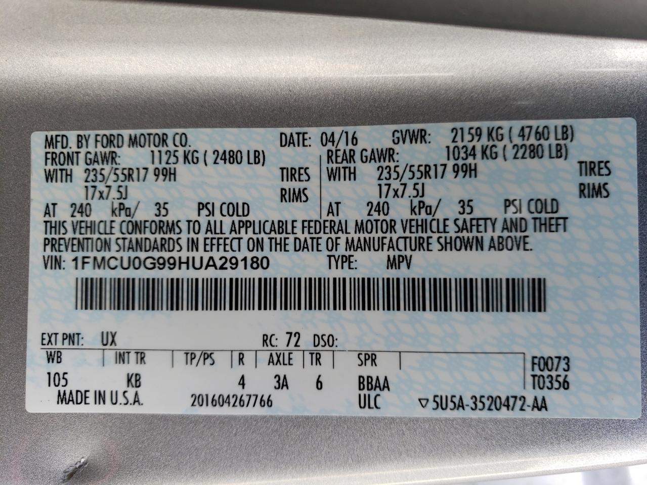 Photo 10 from auction – 2017 FORD ESCAPE SE with VIN 1FMCU0G99HUA29180