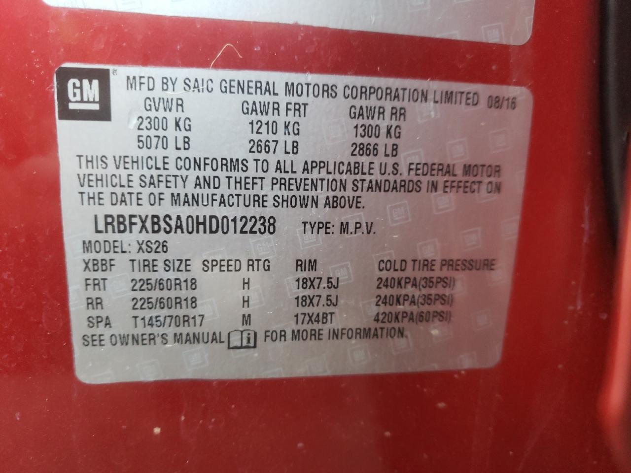 Photo 10 from auction – 2017 BUICK ENVISION E with VIN LRBFXBSA0HD012238