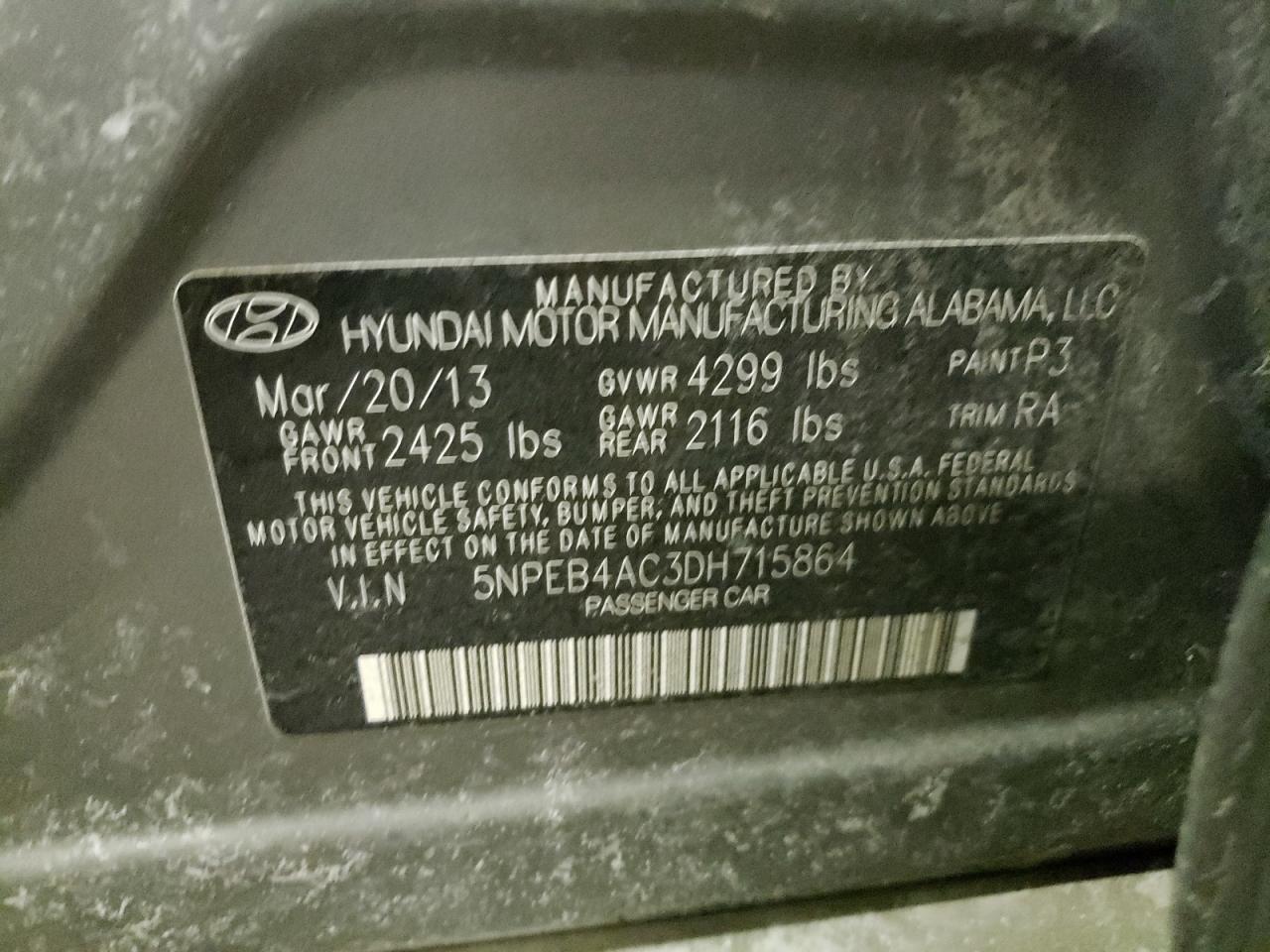 Photo 10 from auction – 2013 HYUNDAI SONATA GLS with VIN 5NPEB4AC3DH715864