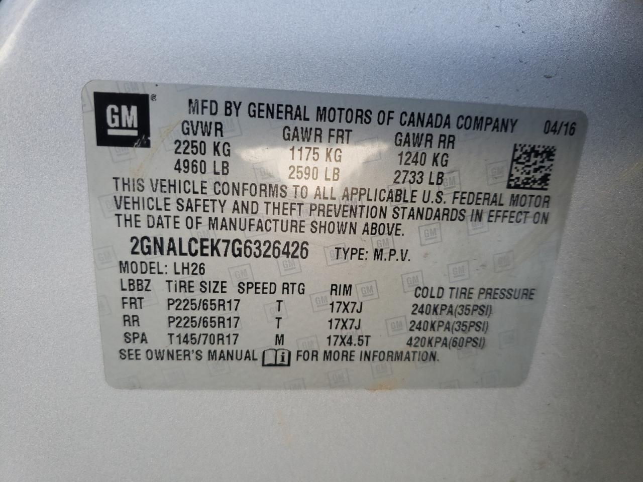 Photo 10 from auction – 2016 CHEVROLET EQUINOX LT with VIN 2GNALCEK7G6326426