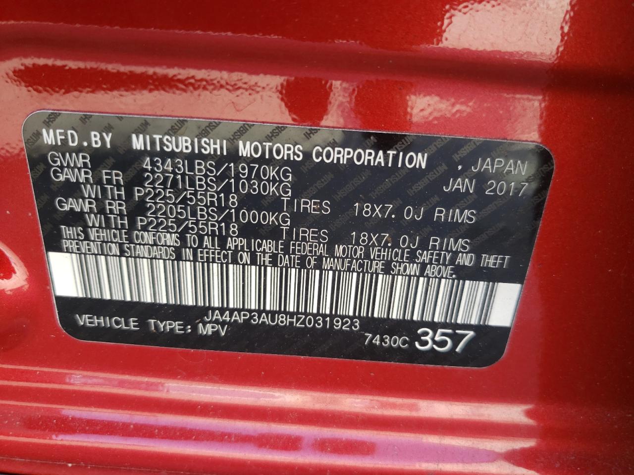 Photo 10 from auction – 2017 MITSUBISHI OUTLANDER with VIN JA4AP3AU8HZ031923
